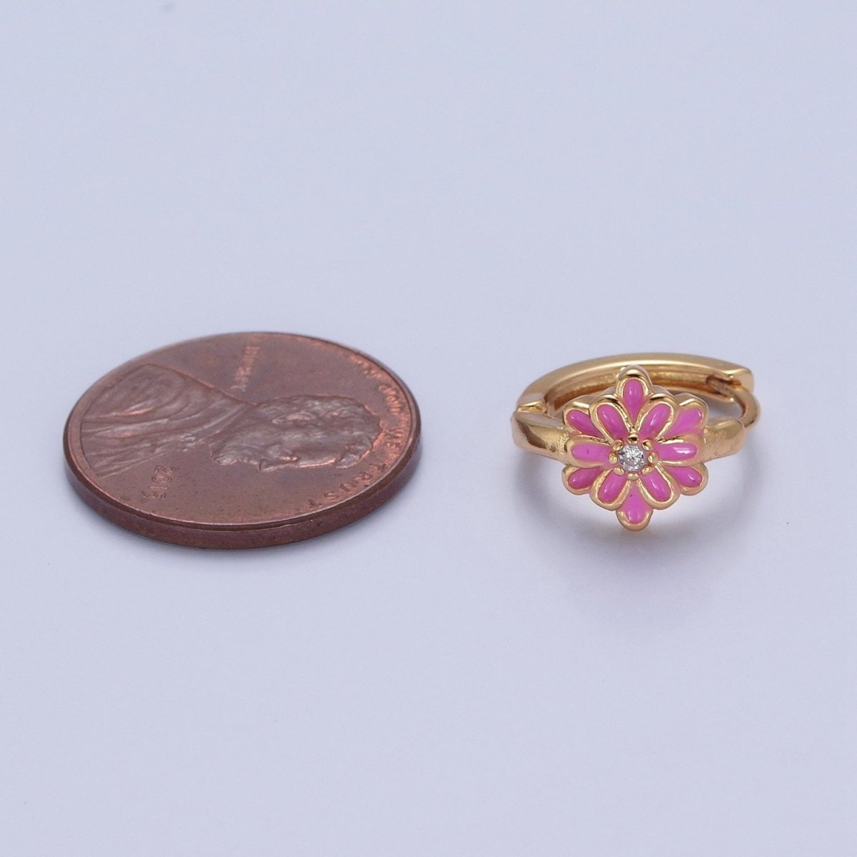 24K Gold Filled Pink/White Enamel Flower Huggie Hoops Earrings, V-421