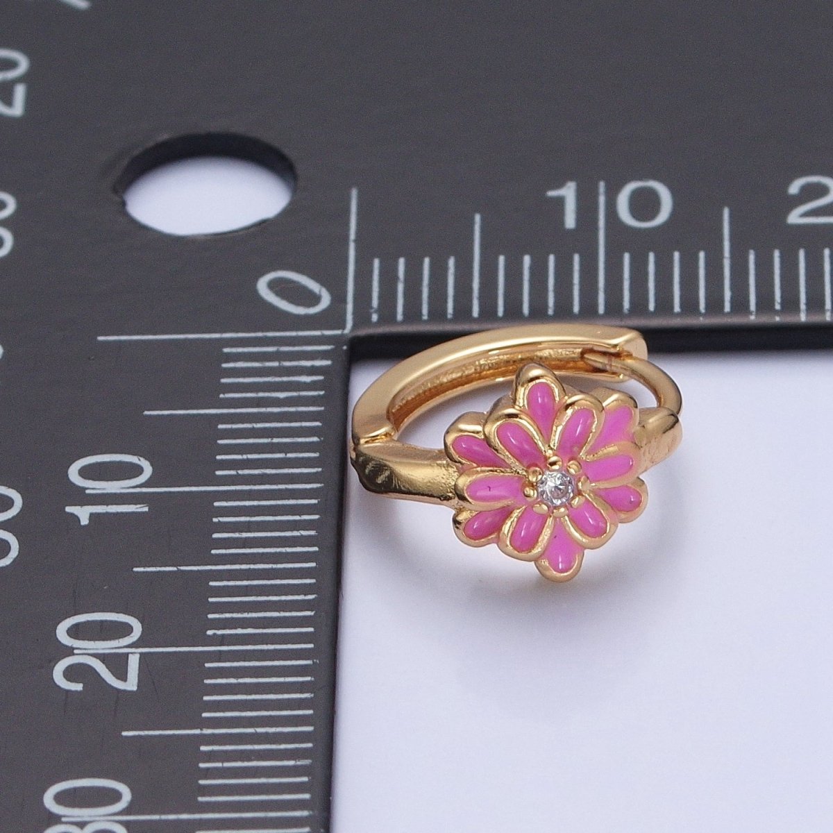 24K Gold Filled Pink/White Enamel Flower Huggie Hoops Earrings, V-421