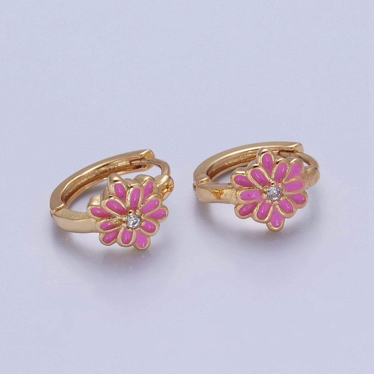 24K Gold Filled Pink/White Enamel Flower Huggie Hoops Earrings, V-421