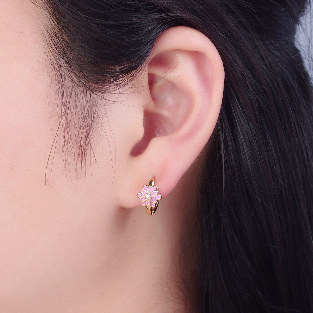 24K Gold Filled Pink/White Enamel Flower Huggie Hoops Earrings, V-421