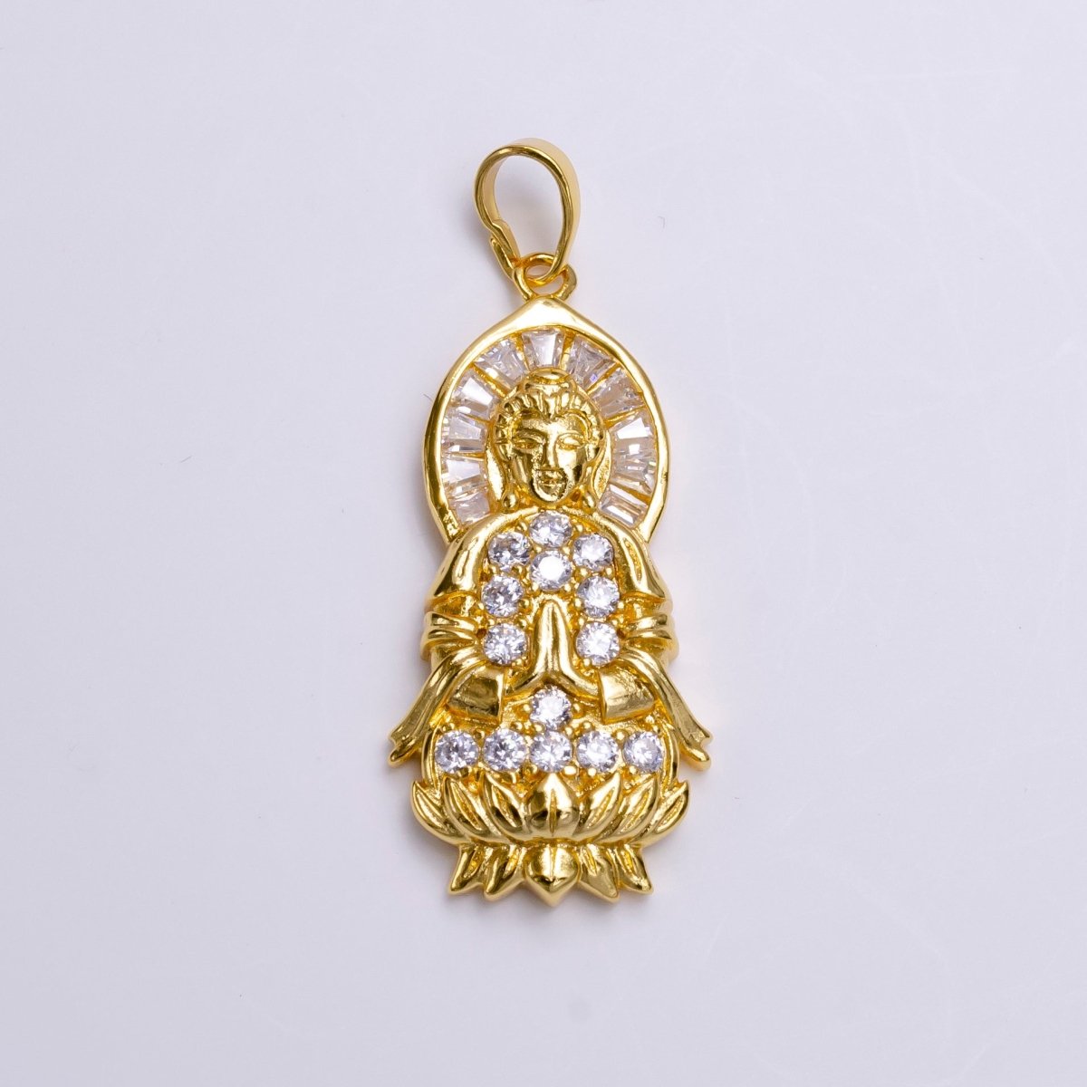 24K Gold Filled Praying Buddha Flower Clear Baguette Micro Paved CZ Pendant | AA486 - DLUXCA