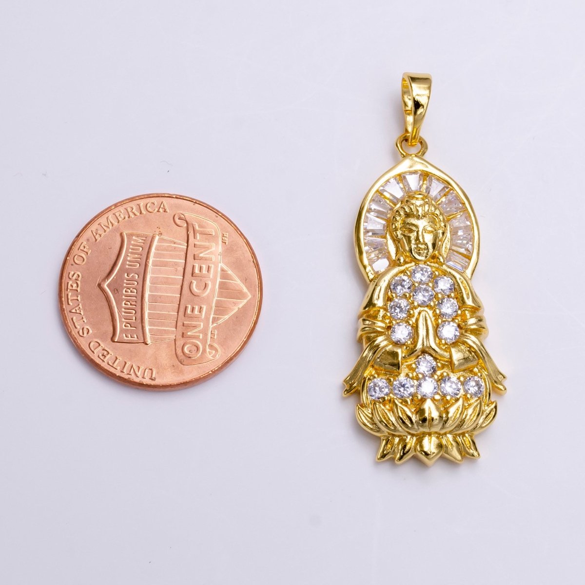 24K Gold Filled Praying Buddha Flower Clear Baguette Micro Paved CZ Pendant | AA486 - DLUXCA