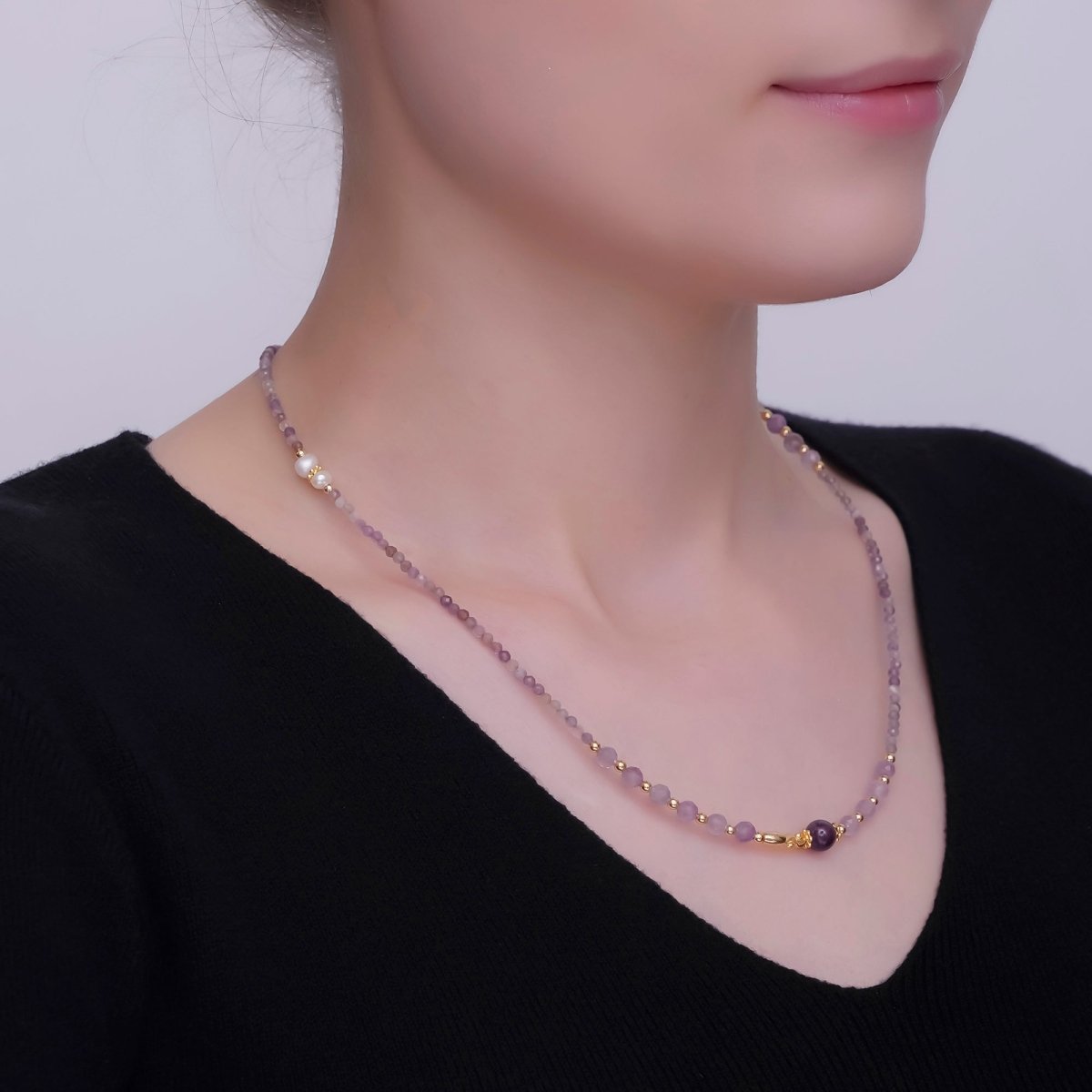 24K Gold Filled Purple Amethyst Gemstone Bead 18 Inch Necklace | WA - 2872 - DLUXCA