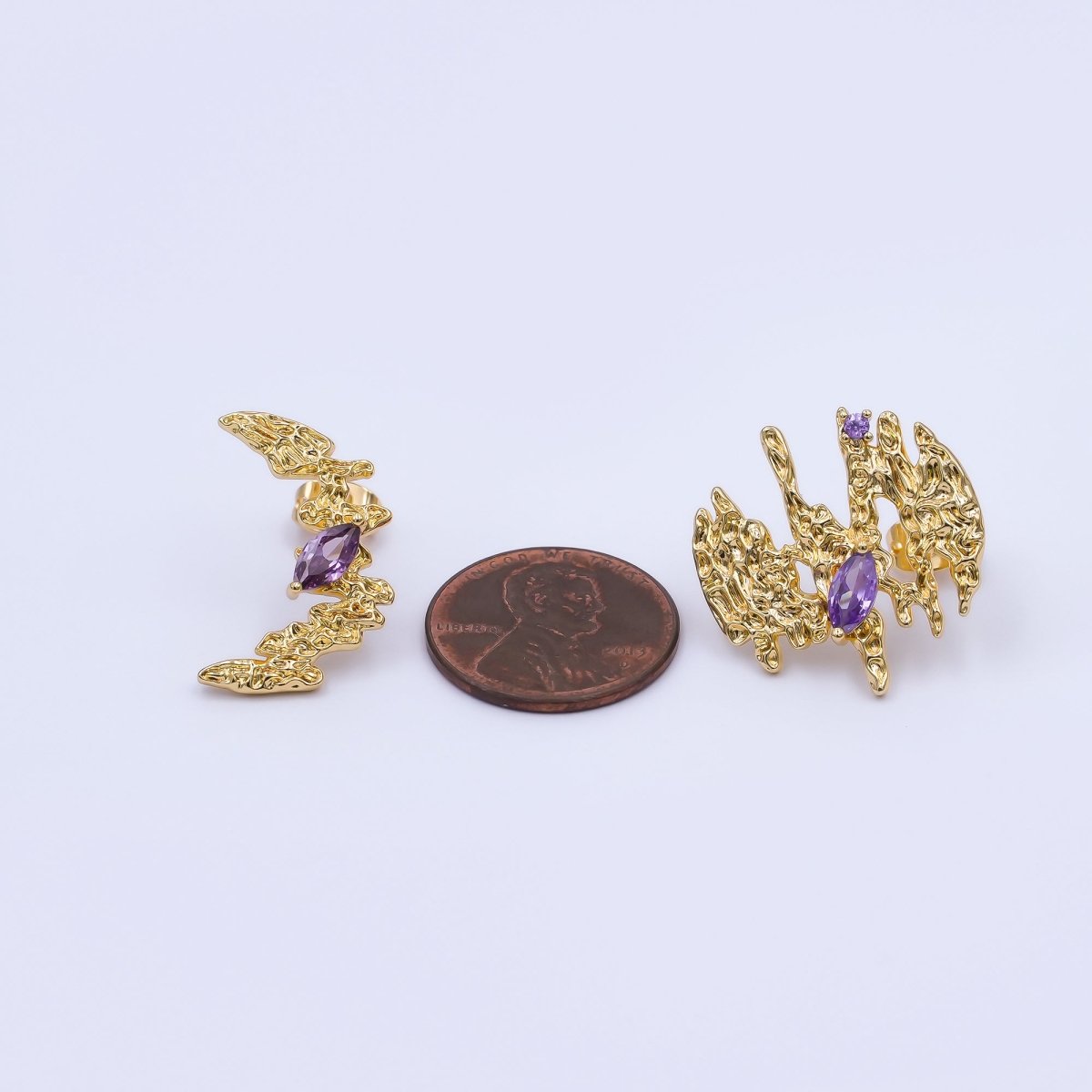 24K Gold Filled Purple CZ Hammered Stud Earrings | AB475 - DLUXCA