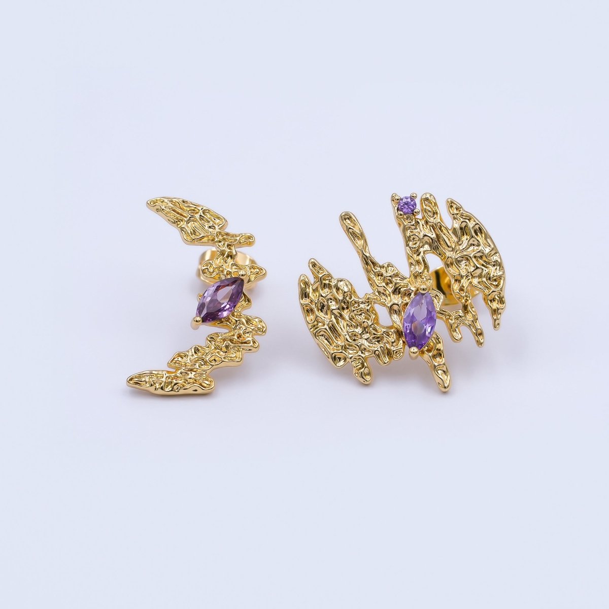 24K Gold Filled Purple CZ Hammered Stud Earrings | AB475 - DLUXCA