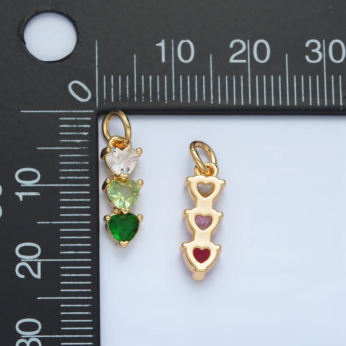 24K Gold Filled Purple, Green, Pink, Blue Gradient Triple Heart CZ Linear Charm | AG890 AG902