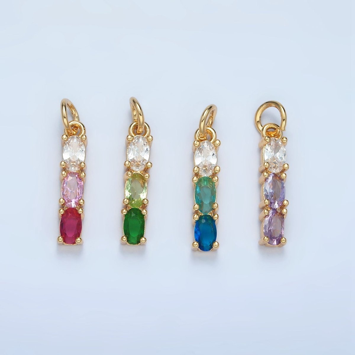 24K Gold Filled Purple, Green, Pink, Blue Gradient Triple Oval CZ Linear Charm | X568 X569
