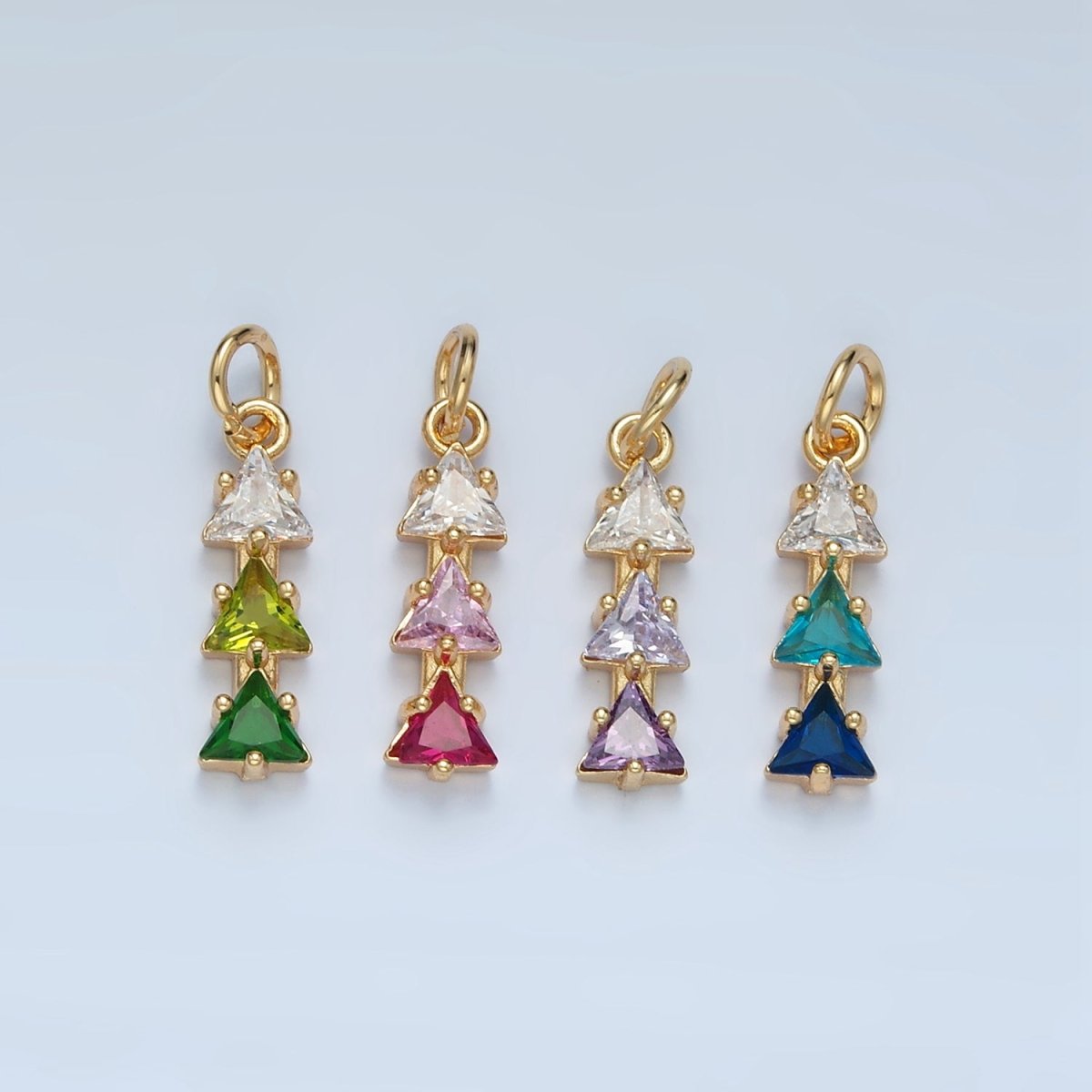 24K Gold Filled Purple, Pink, Blue, Green Gradient Triple Triangle CZ Linear Charm | AG896 AG897