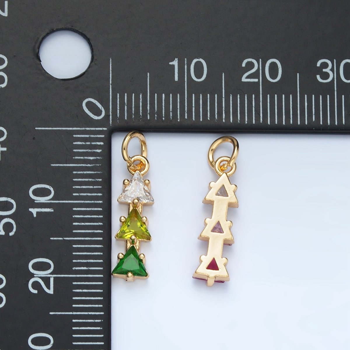 24K Gold Filled Purple, Pink, Blue, Green Gradient Triple Triangle CZ Linear Charm | AG896 AG897