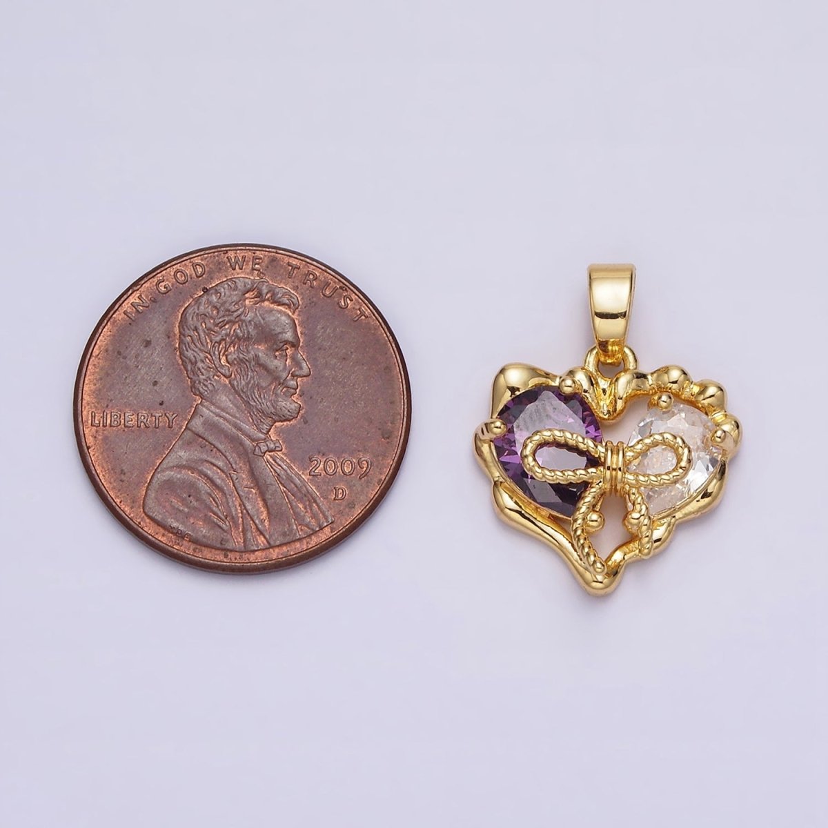 24K Gold Filled Purple Pink Teardrop CZ Ribbon Tied Molten Drip Open Heart Pendant | AA569 - DLUXCA