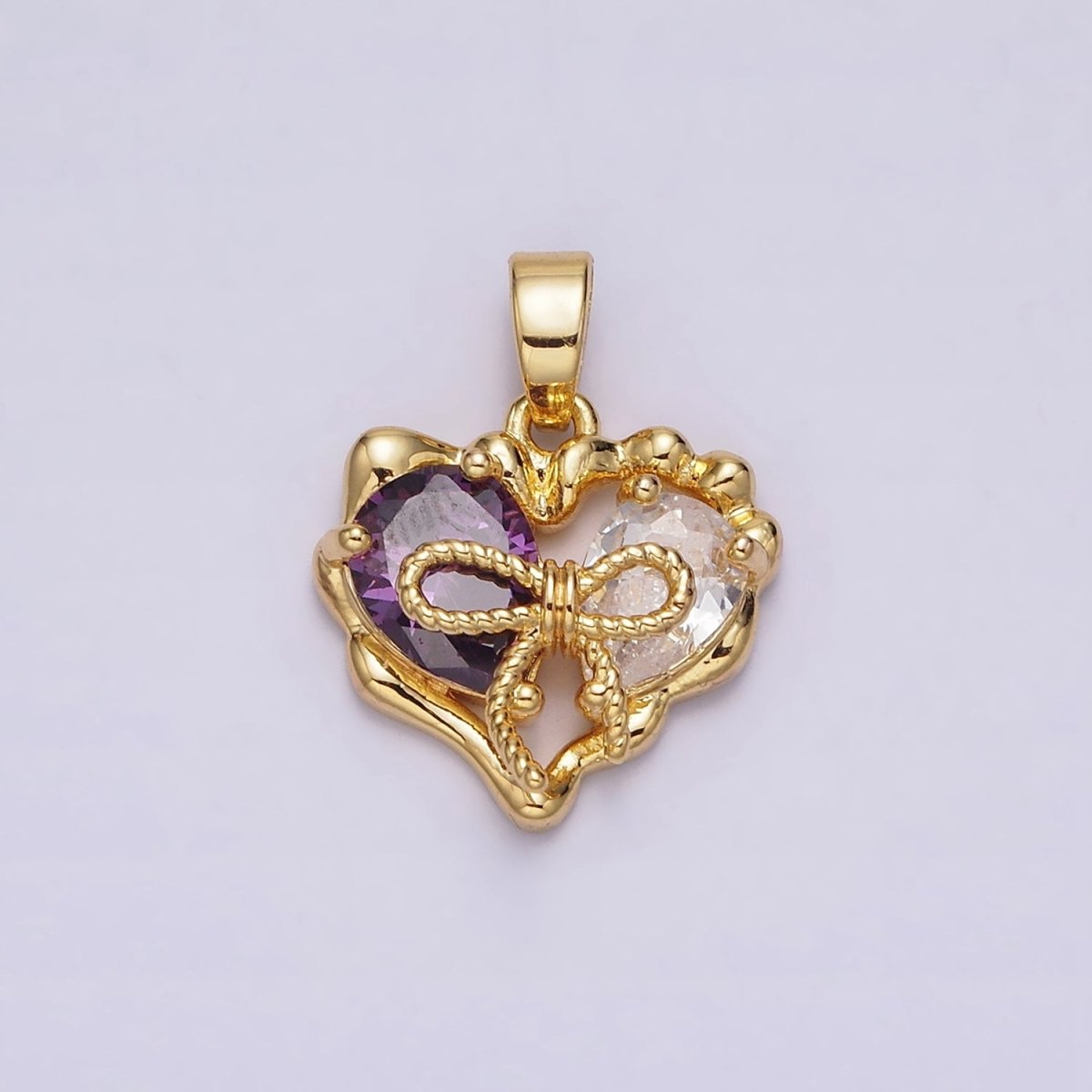 24K Gold Filled Purple Pink Teardrop CZ Ribbon Tied Molten Drip Open Heart Pendant | AA569 - DLUXCA