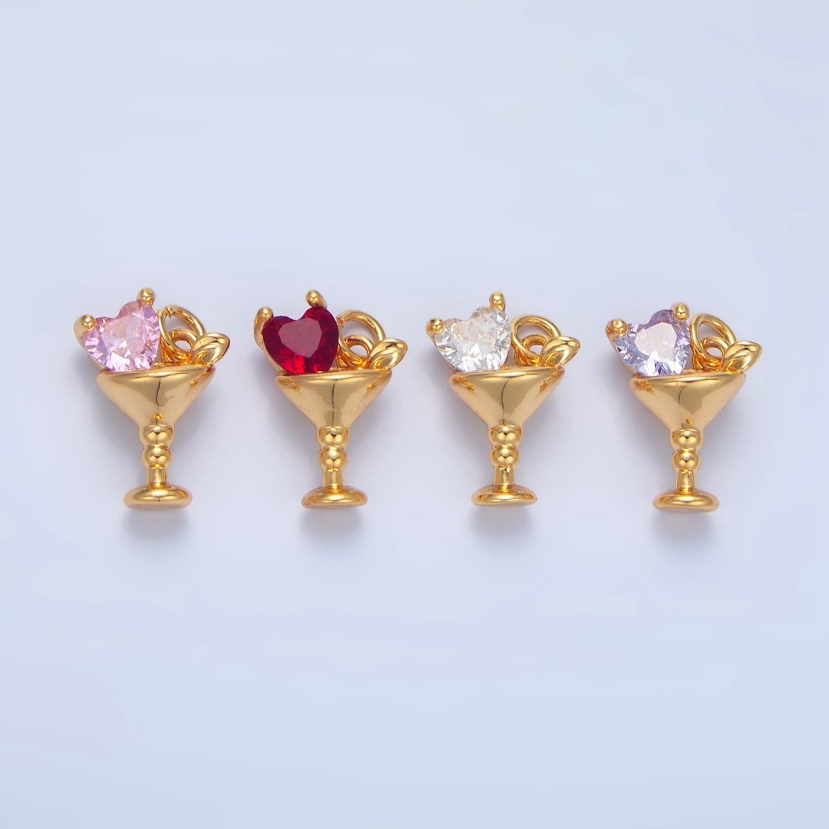 24K Gold Filled Purple, Red, Clear, Pink CZ Heart Martini Alcoholic Drink Charm | X846 - X847