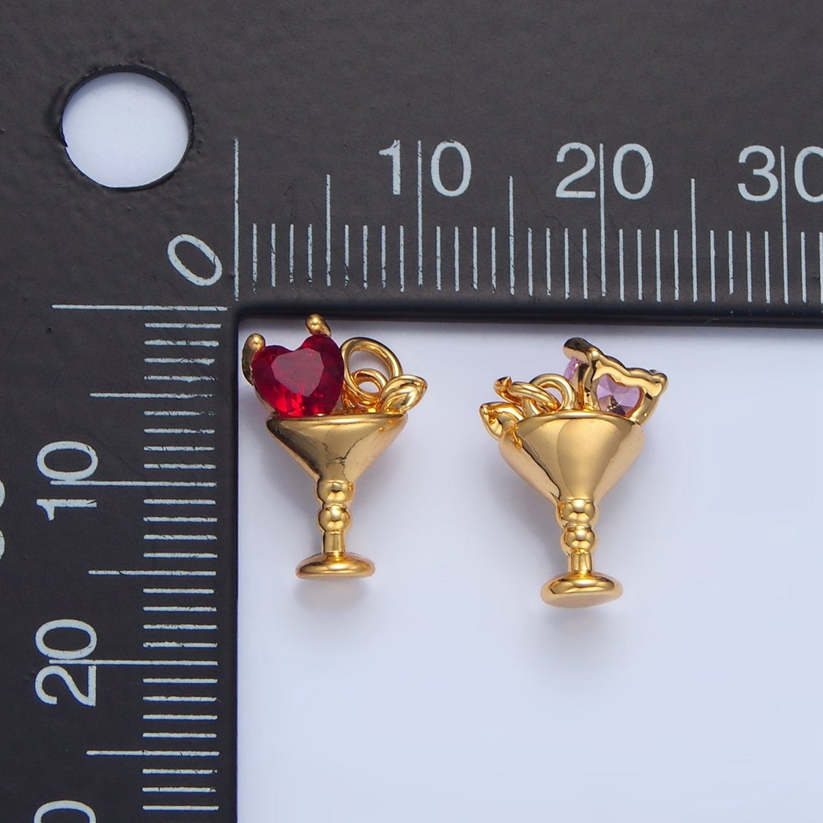 24K Gold Filled Purple, Red, Clear, Pink CZ Heart Martini Alcoholic Drink Charm | X846 - X847