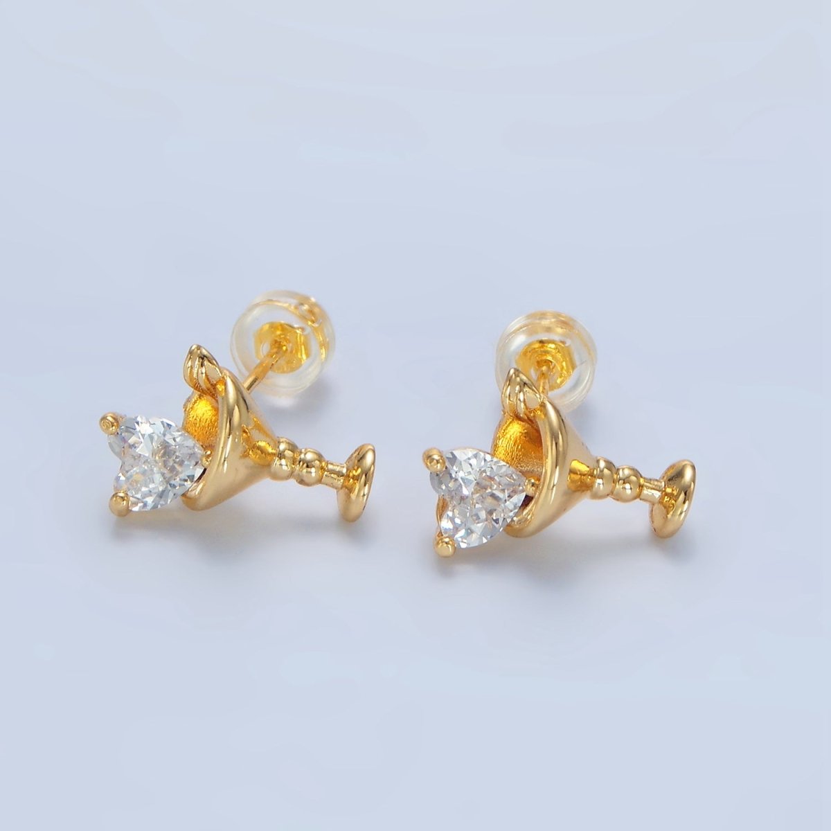 24K Gold Filled Purple, Red, Clear, Pink CZ Heart Martini Alcoholic Drink Stud Earrings  | P143 P150 P163 P163