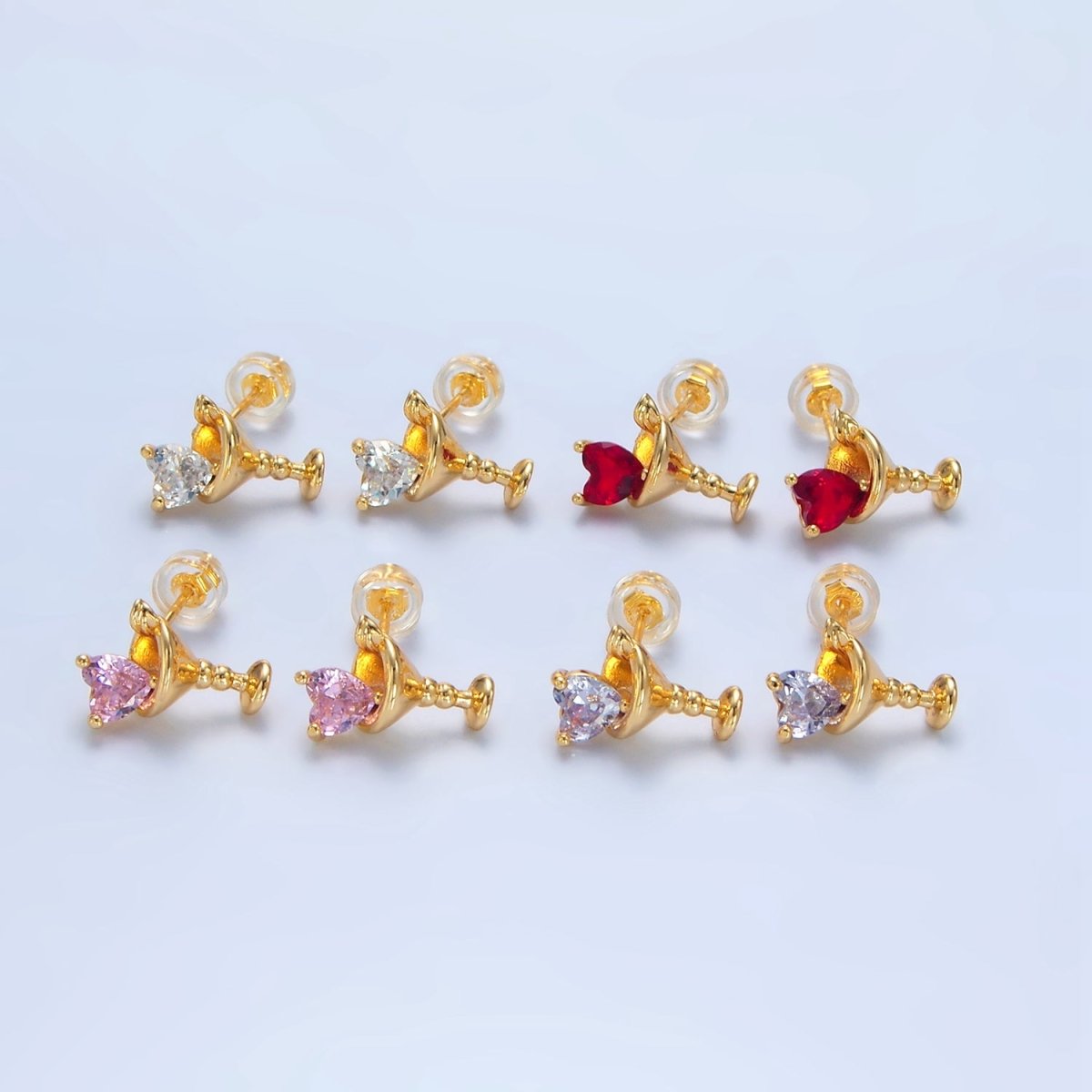 24K Gold Filled Purple, Red, Clear, Pink CZ Heart Martini Alcoholic Drink Stud Earrings  | P143 P150 P163 P163