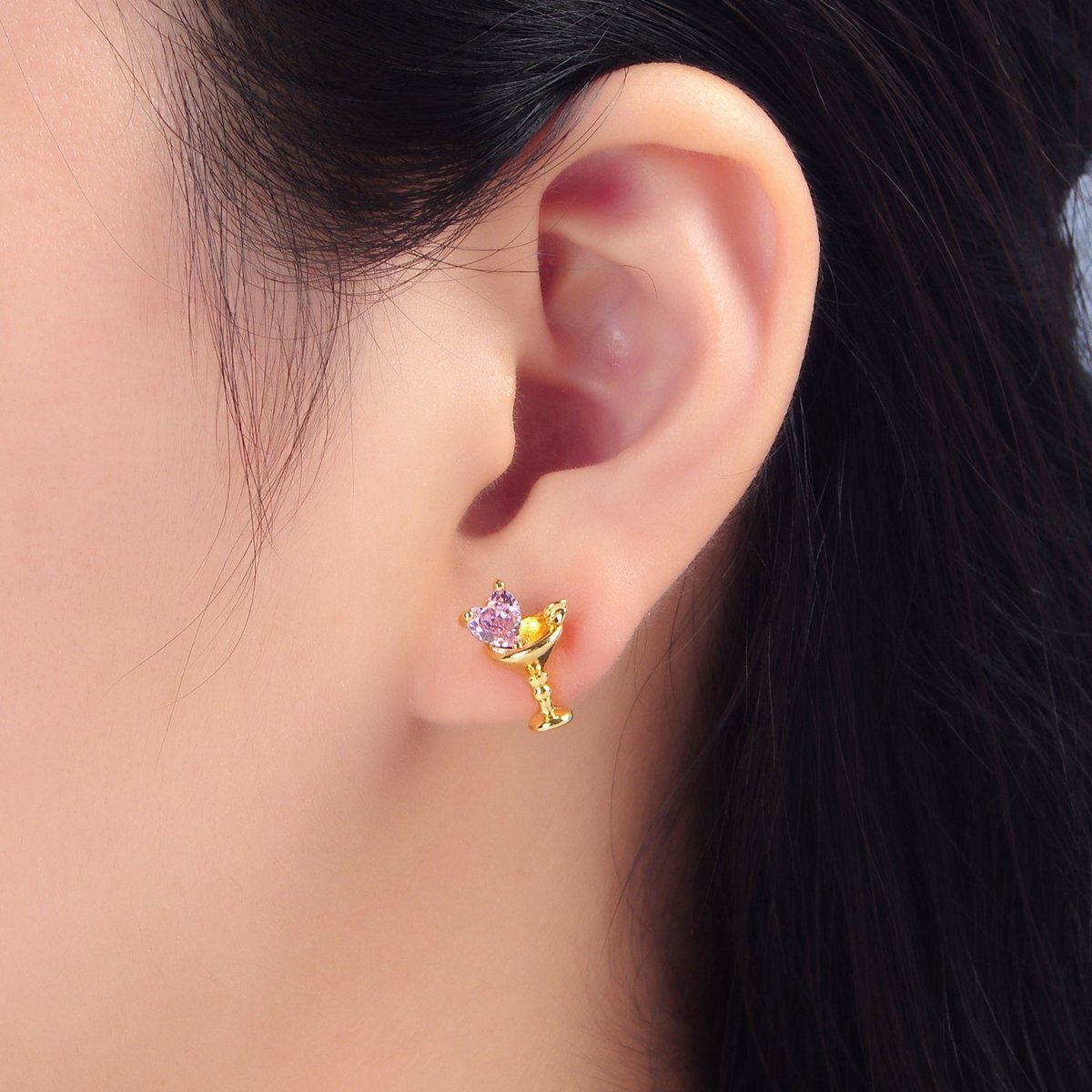 24K Gold Filled Purple, Red, Clear, Pink CZ Heart Martini Alcoholic Drink Stud Earrings  | P143 P150 P163 P163