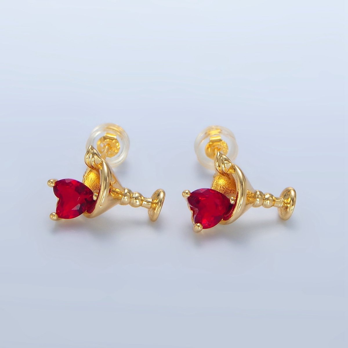 24K Gold Filled Purple, Red, Clear, Pink CZ Heart Martini Alcoholic Drink Stud Earrings  | P143 P150 P163 P163