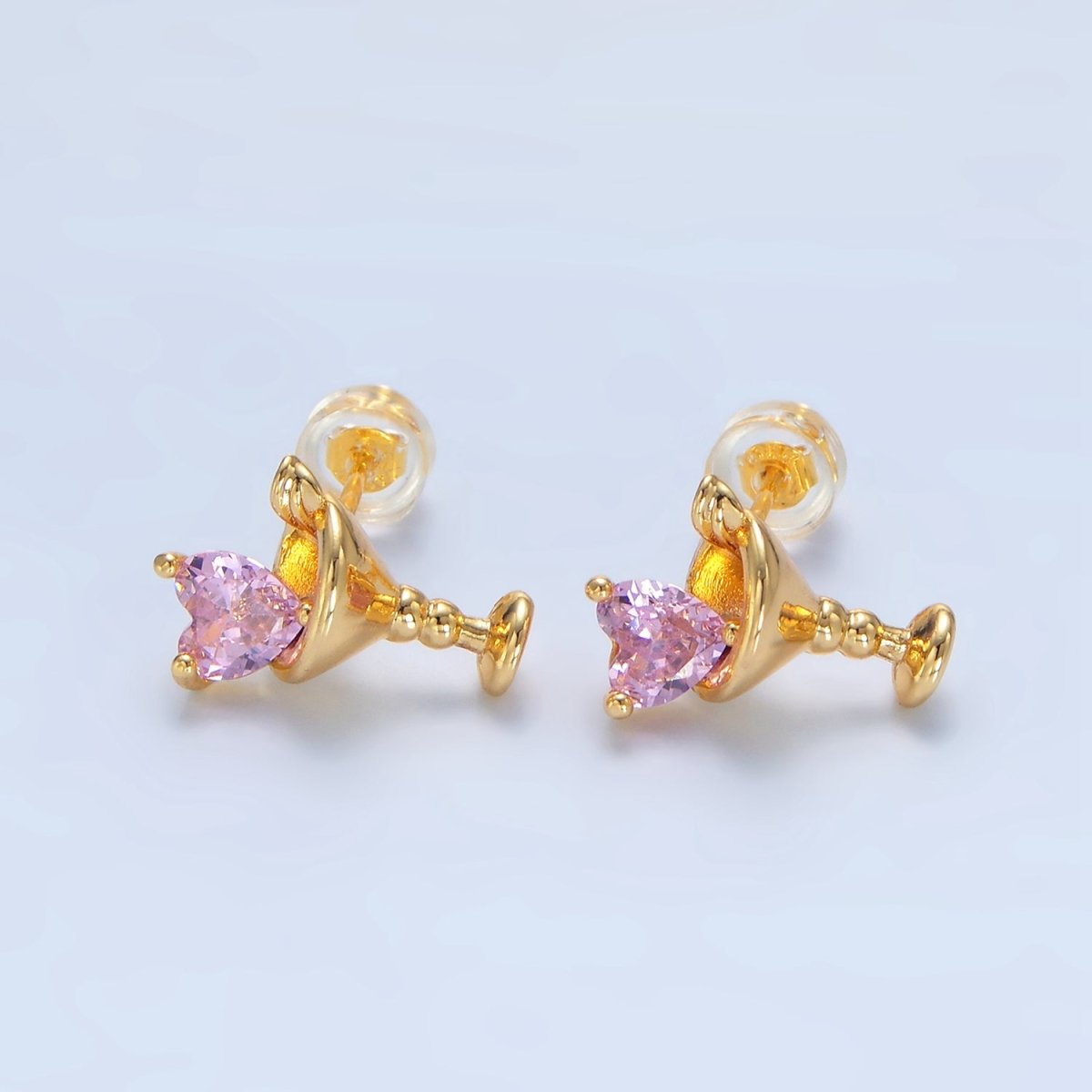 24K Gold Filled Purple, Red, Clear, Pink CZ Heart Martini Alcoholic Drink Stud Earrings  | P143 P150 P163 P163