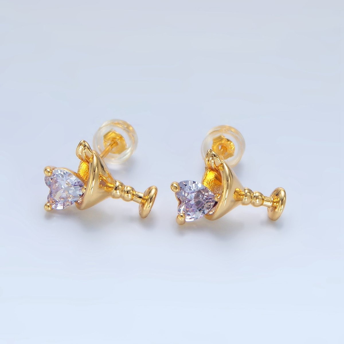 24K Gold Filled Purple, Red, Clear, Pink CZ Heart Martini Alcoholic Drink Stud Earrings  | P143 P150 P163 P163