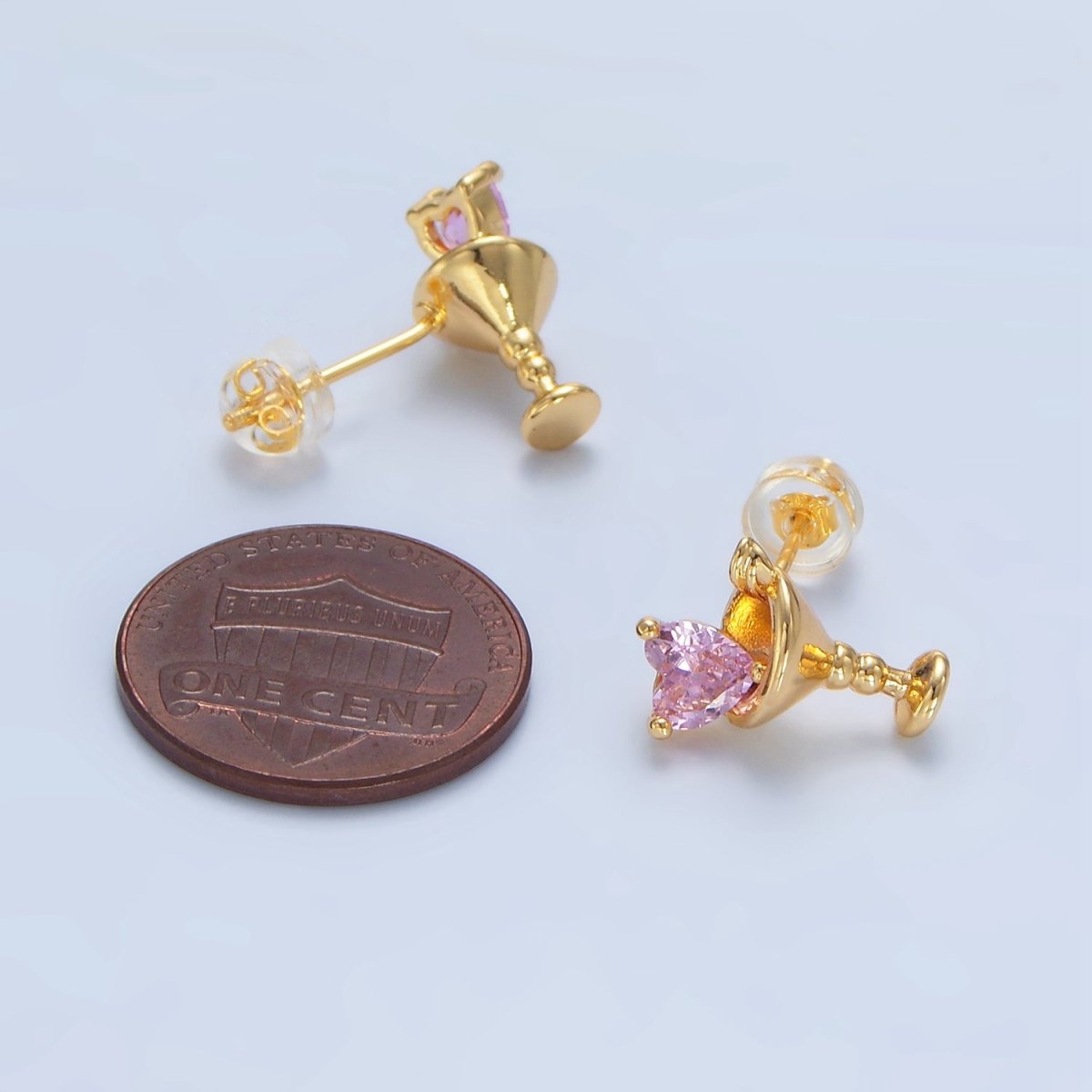 24K Gold Filled Purple, Red, Clear, Pink CZ Heart Martini Alcoholic Drink Stud Earrings  | P143 P150 P163 P163
