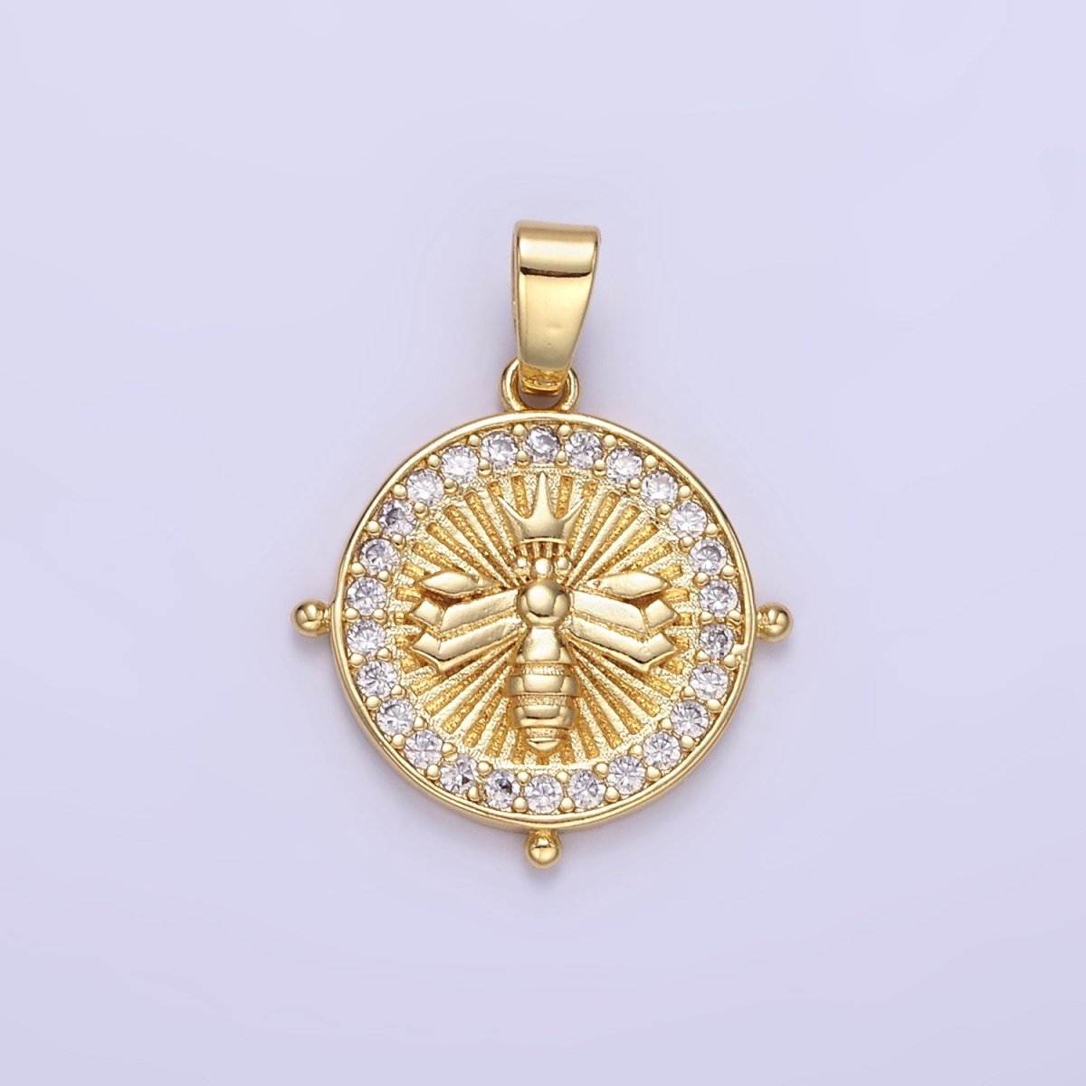 24K Gold Filled Queen Bee Sunburst Micro Paved CZ Round Pendant | AA1348 - DLUXCA
