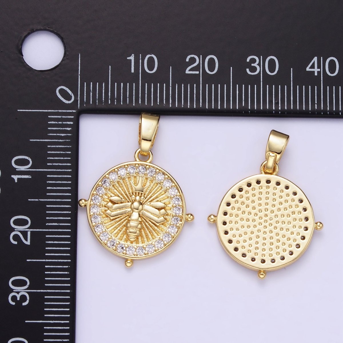 24K Gold Filled Queen Bee Sunburst Micro Paved CZ Round Pendant | AA1348 - DLUXCA