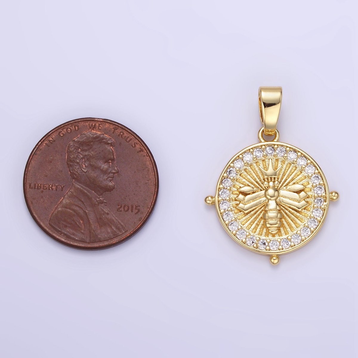 24K Gold Filled Queen Bee Sunburst Micro Paved CZ Round Pendant | AA1348 - DLUXCA