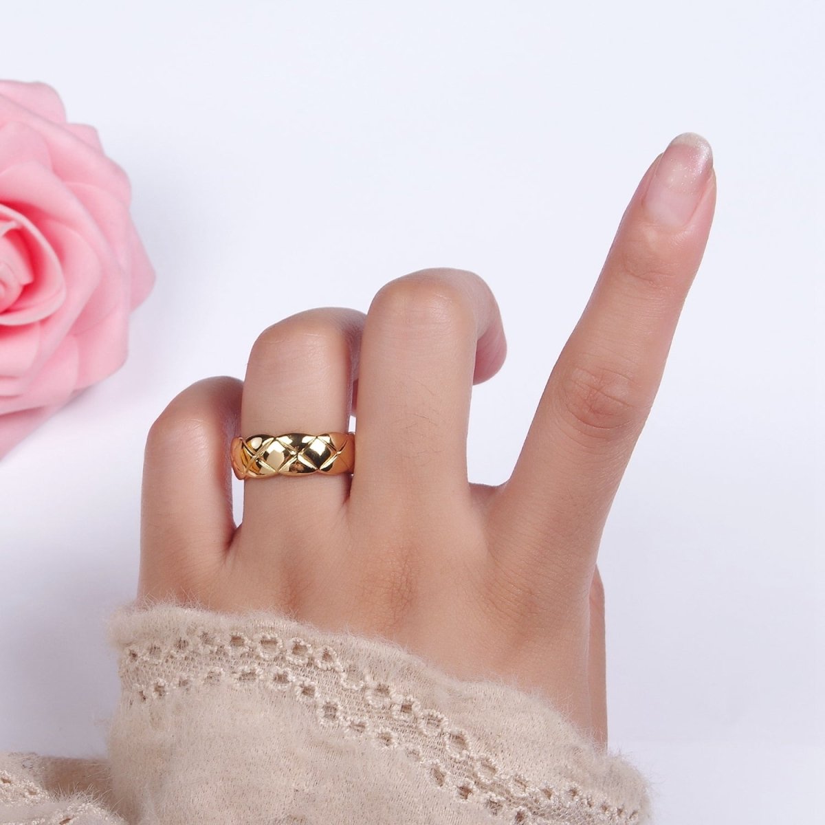 24K Gold Filled Quilted Band Adjustable Ring in Gold & Silver | O-625 O-626