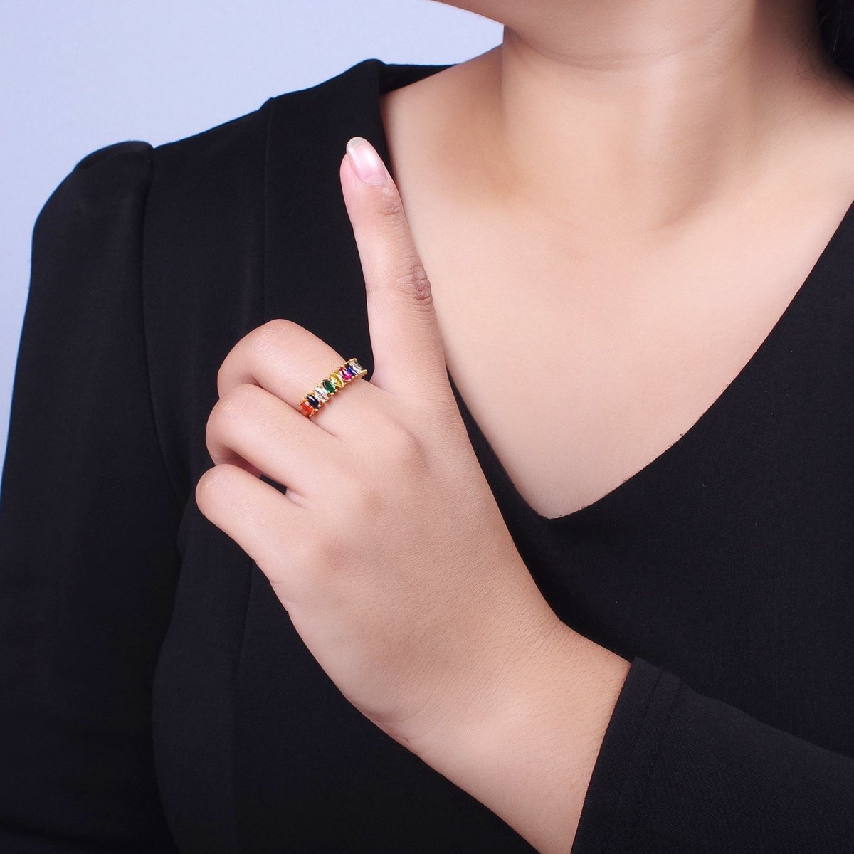 24K Gold Filled Rainbow Multicolor Marquise Lined CZ Rings | O-159