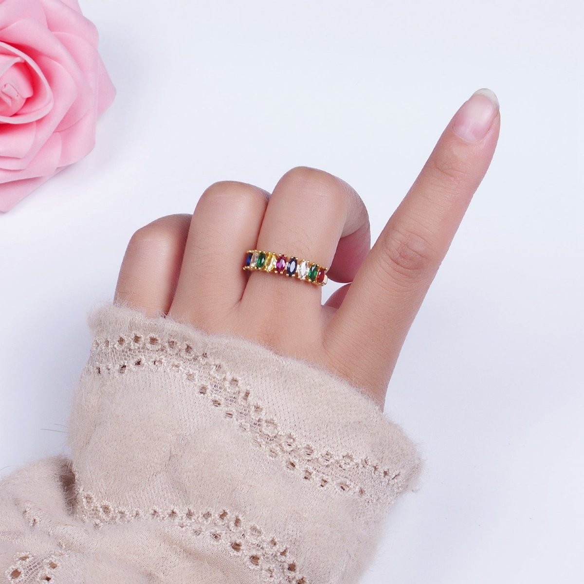 24K Gold Filled Rainbow Multicolor Marquise Lined CZ Rings | O-159