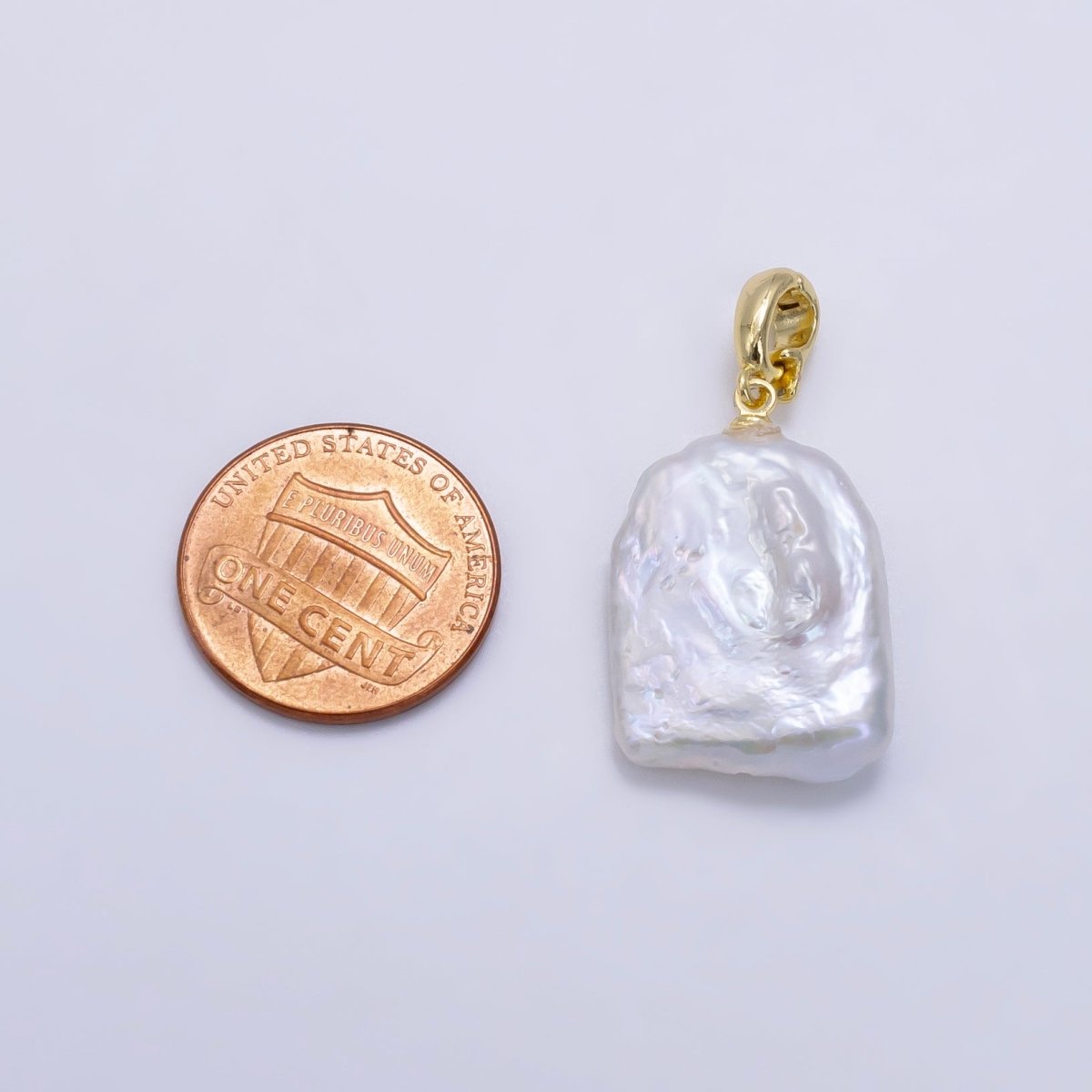 24K Gold Filled Rectangle White Biwa Freshwater Pearl Snap Latch Bail Pendant | P1892