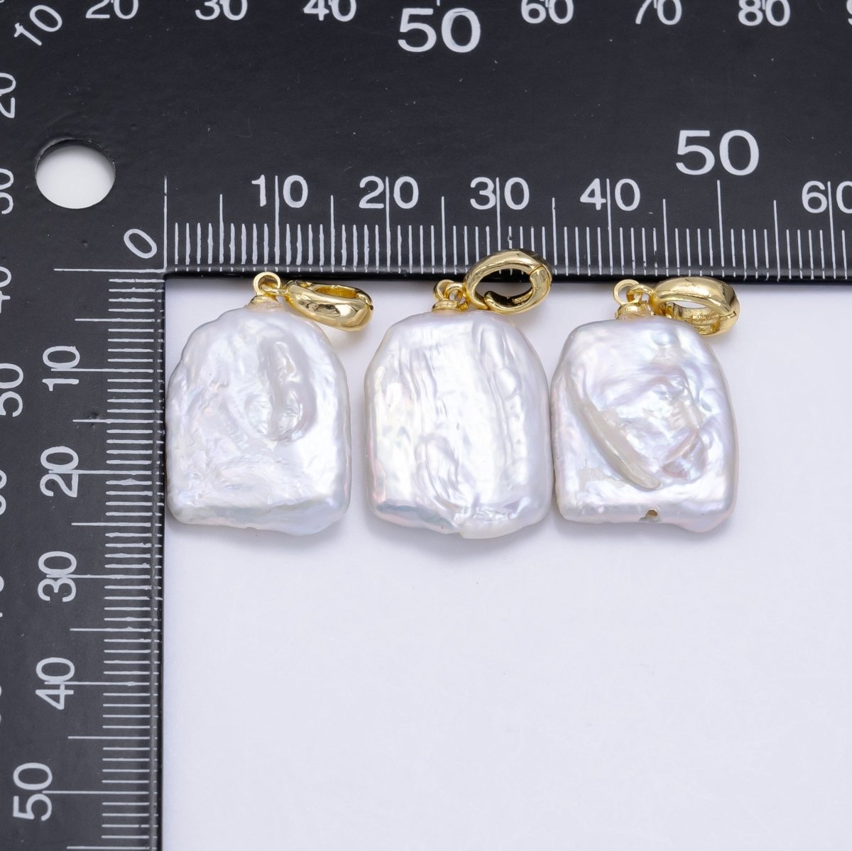 24K Gold Filled Rectangle White Biwa Freshwater Pearl Snap Latch Bail Pendant | P1892