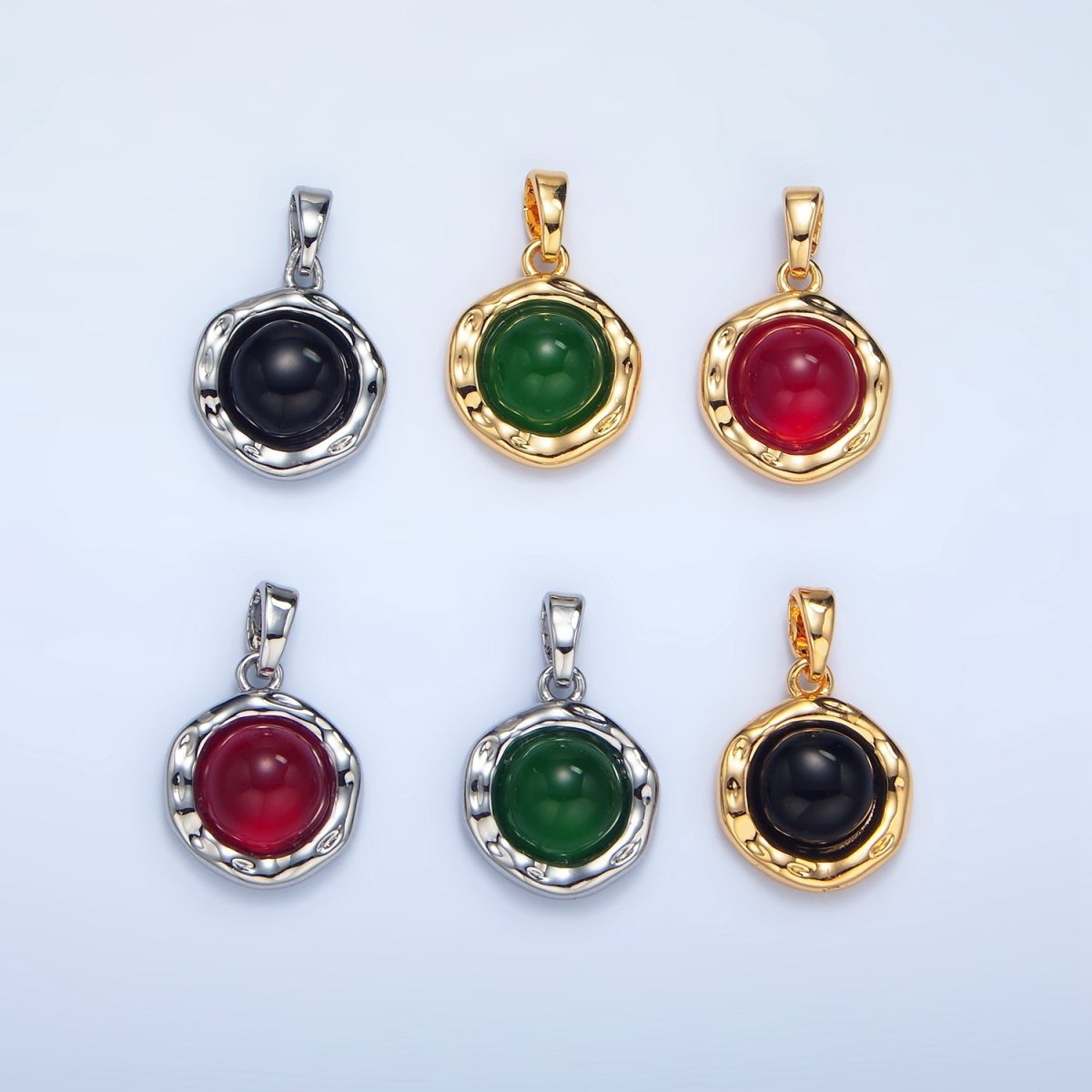 24K Gold Filled Red Carnelian, Green Aventurine, Black Onyx Hammered Molten Bezel Pendant in Gold & Silver | AA969 AA974 AA987
