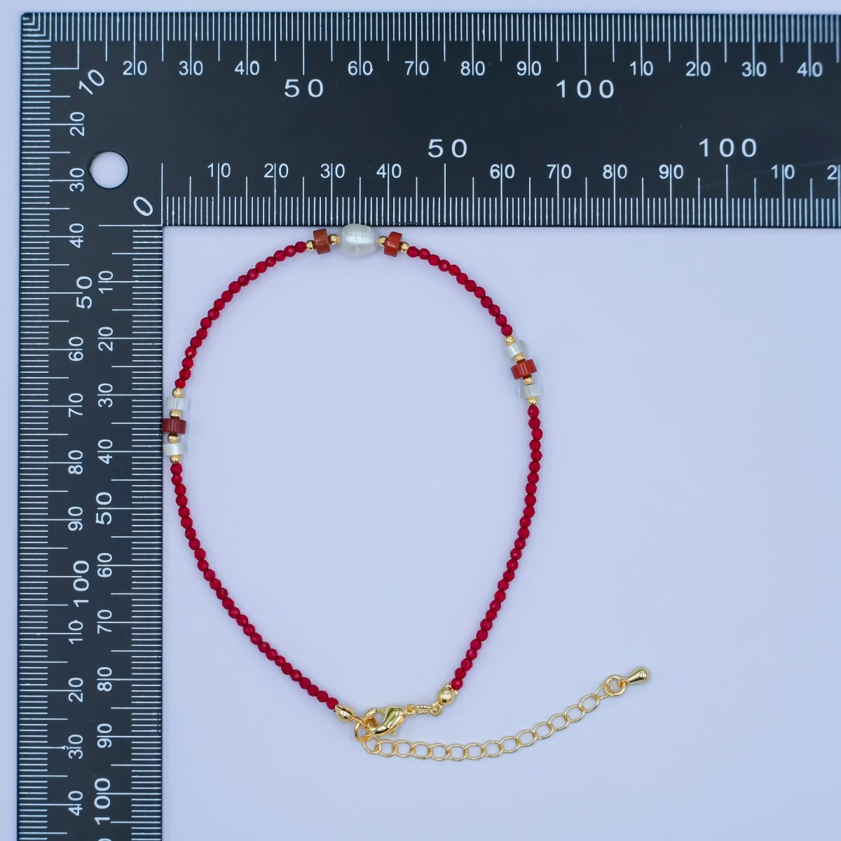 24K Gold Filled Red Carnelian Shell Pearl Gemstone 9.5 Inch Bracelet | WA - 2955 - DLUXCA