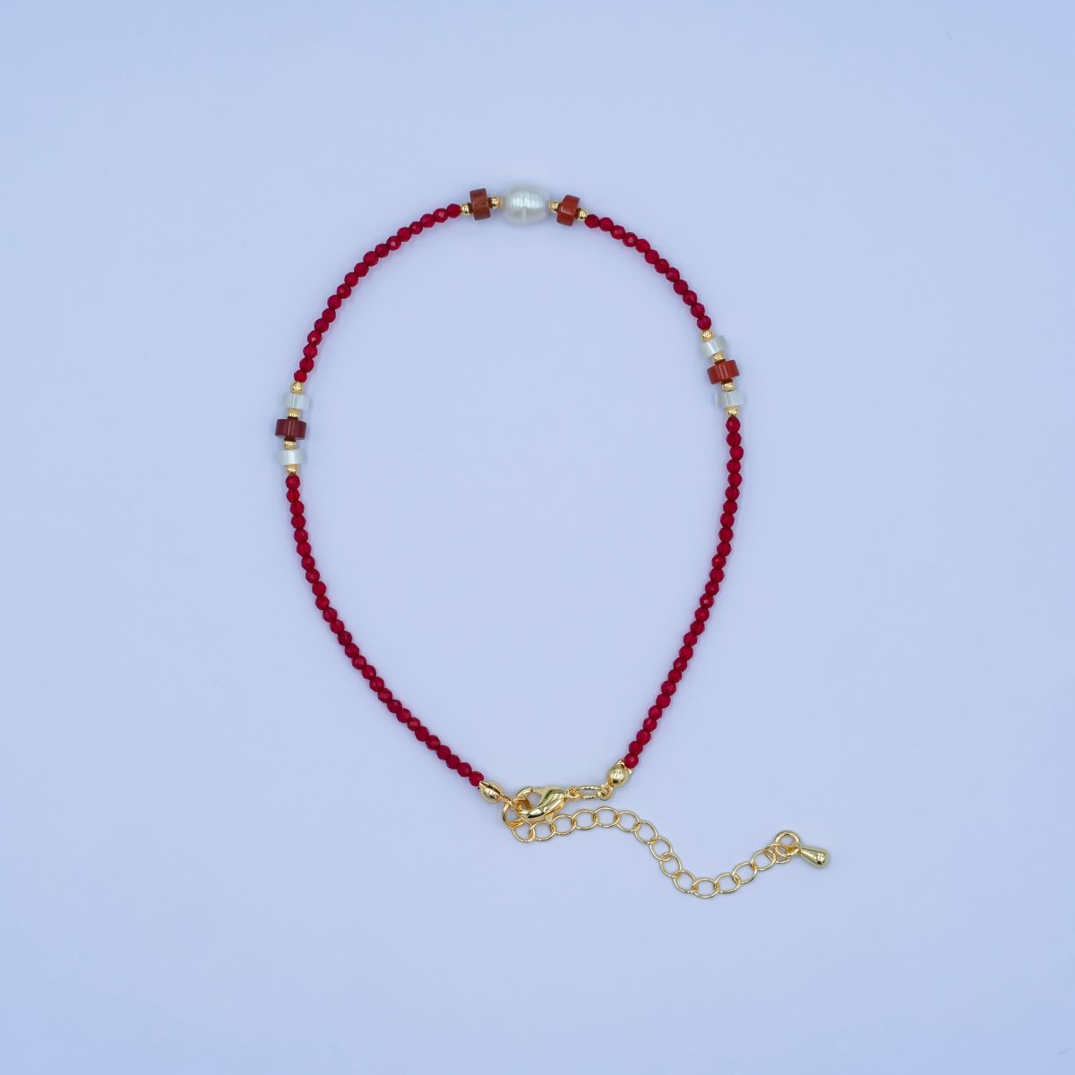 24K Gold Filled Red Carnelian Shell Pearl Gemstone 9.5 Inch Bracelet | WA - 2955 - DLUXCA