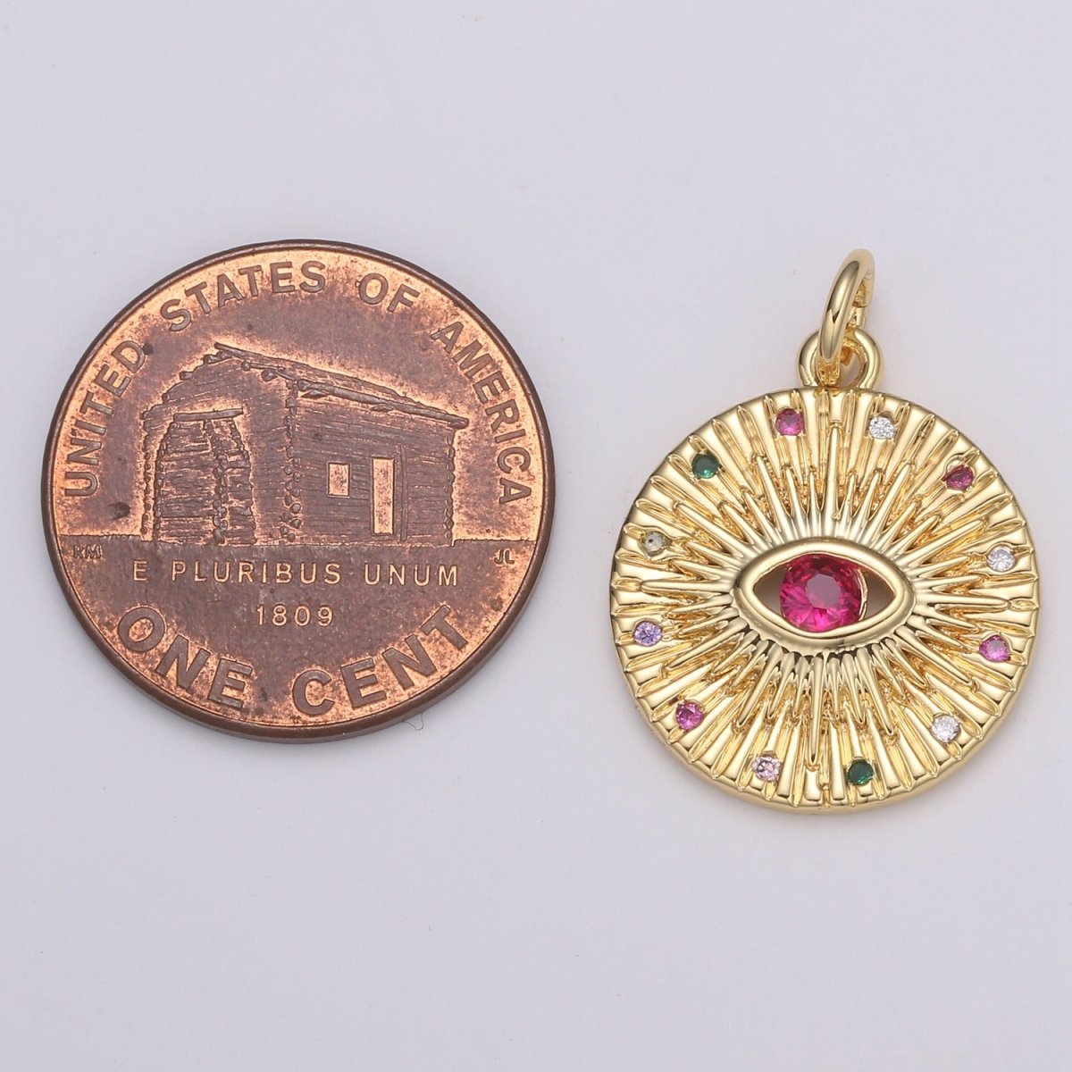 24K Gold Filled Red Crystal Sunrise Coin Charm E-198 - DLUXCA