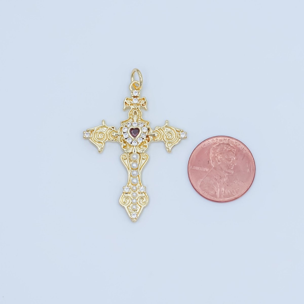 24K Gold Filled Red CZ Heart Shell Pearl Passion Cross Charm | N032 - DLUXCA