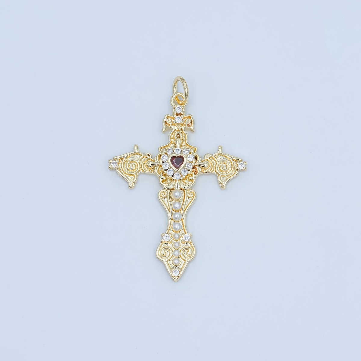 24K Gold Filled Red CZ Heart Shell Pearl Passion Cross Charm | N032 - DLUXCA