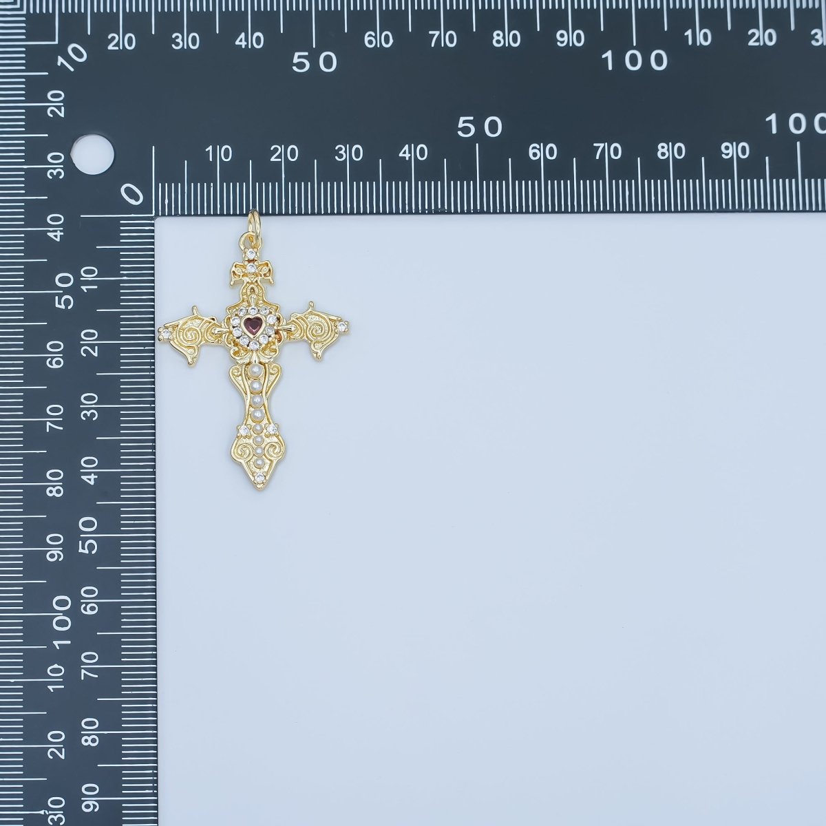 24K Gold Filled Red CZ Heart Shell Pearl Passion Cross Charm | N032 - DLUXCA