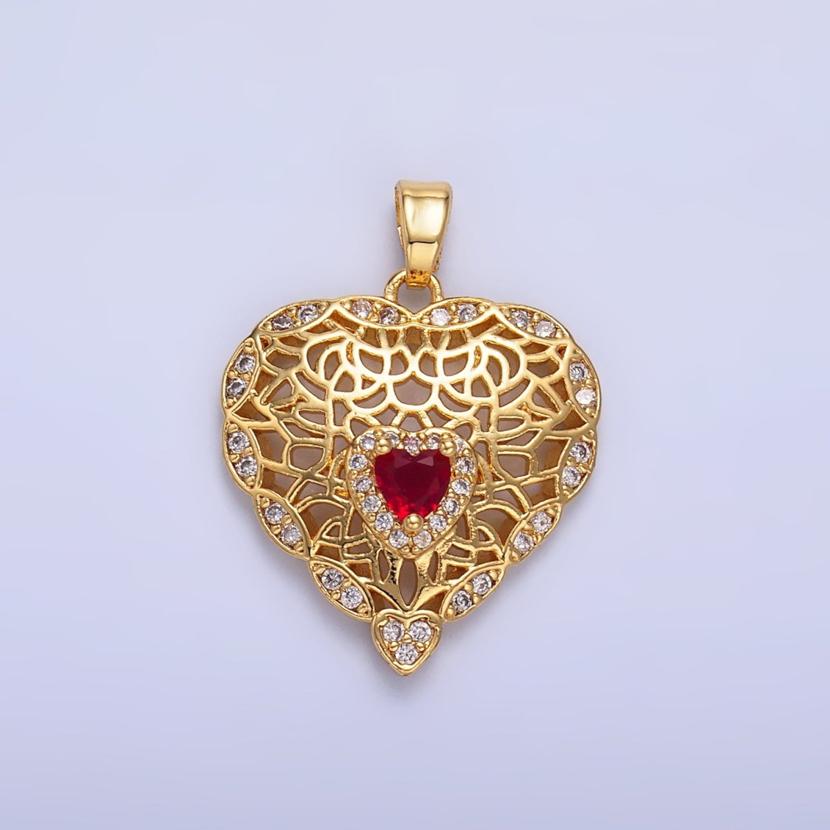 24K Gold Filled Red CZ Micro Paved CZ Filigree Heart Pendant | AA1423 - DLUXCA