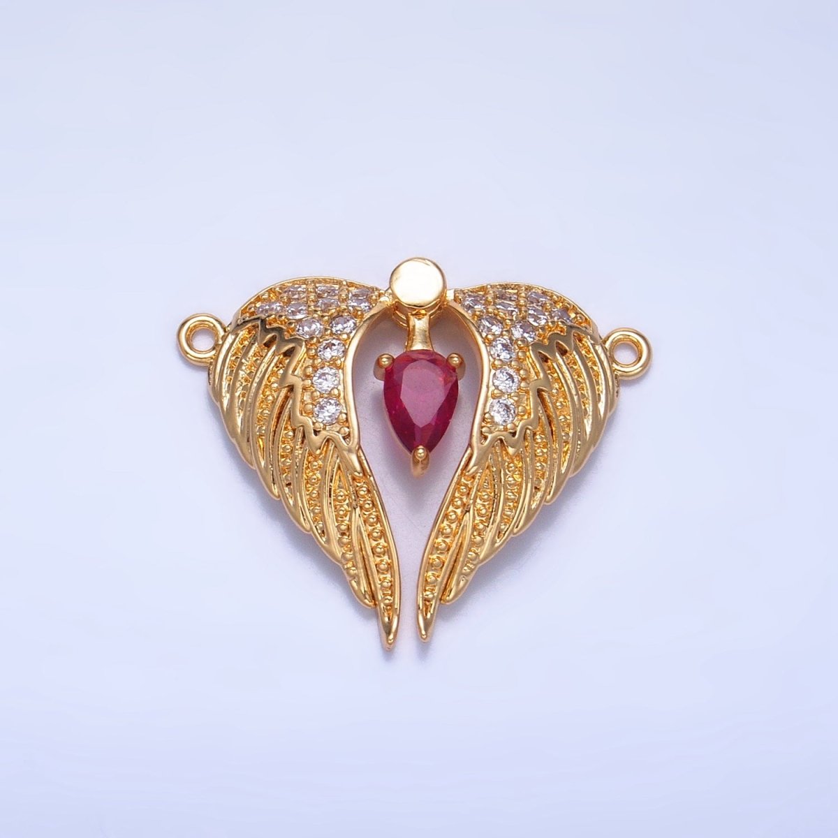 24K Gold Filled Red CZ Micro Paved Feather Wings Connector | F712 - DLUXCA