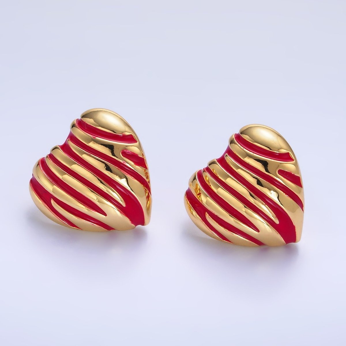 24K Gold Filled Red Enamel Lined Heart Stud Earrings | AB923 - DLUXCA