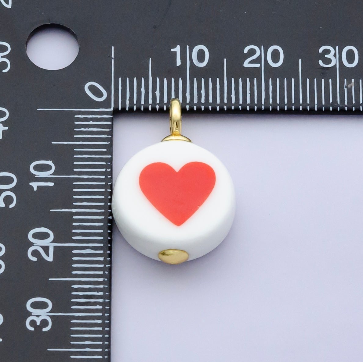 24K Gold Filled Red Heart White Round Ceramic Drop Pendant | N088 - DLUXCA