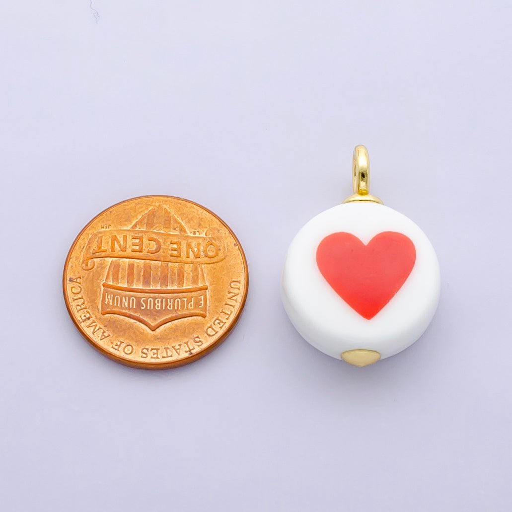 24K Gold Filled Red Heart White Round Ceramic Drop Pendant | N088 - DLUXCA
