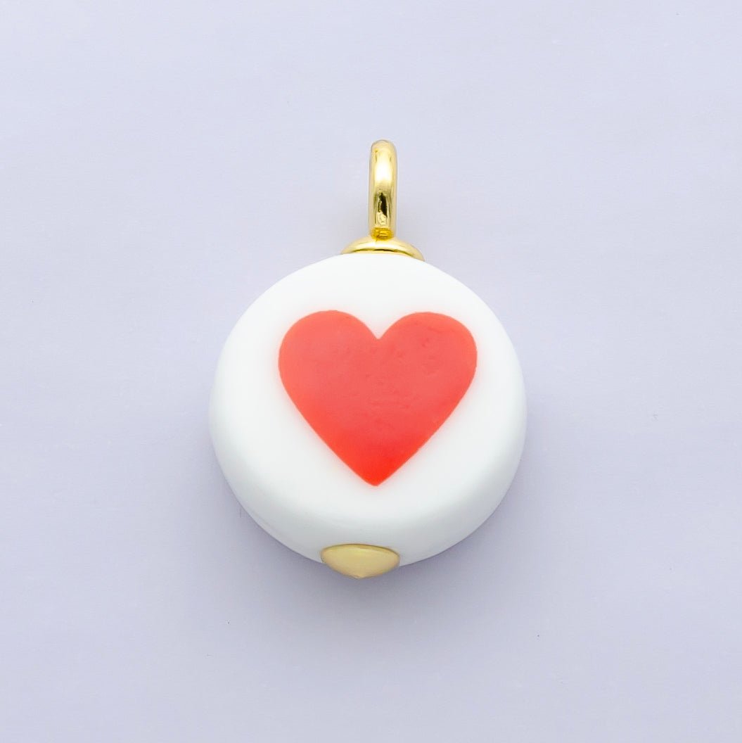 24K Gold Filled Red Heart White Round Ceramic Drop Pendant | N088 - DLUXCA
