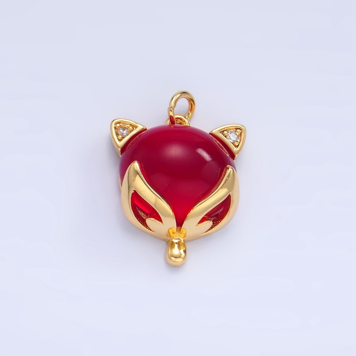 24K Gold Filled Red, Pink Cats Eye Gemstone Micro Paved CZ Cat Charm | W108