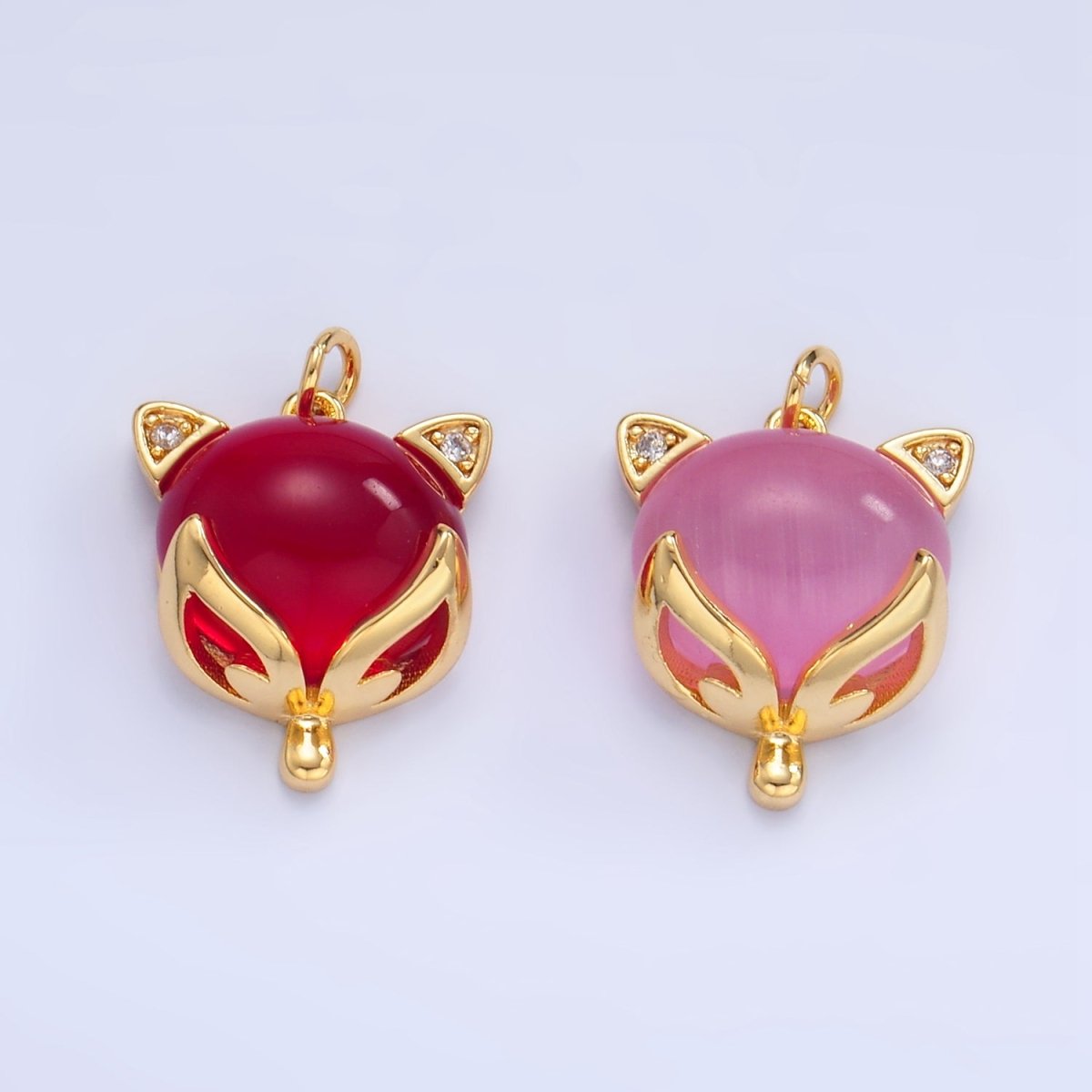 24K Gold Filled Red, Pink Cats Eye Gemstone Micro Paved CZ Cat Charm | W108
