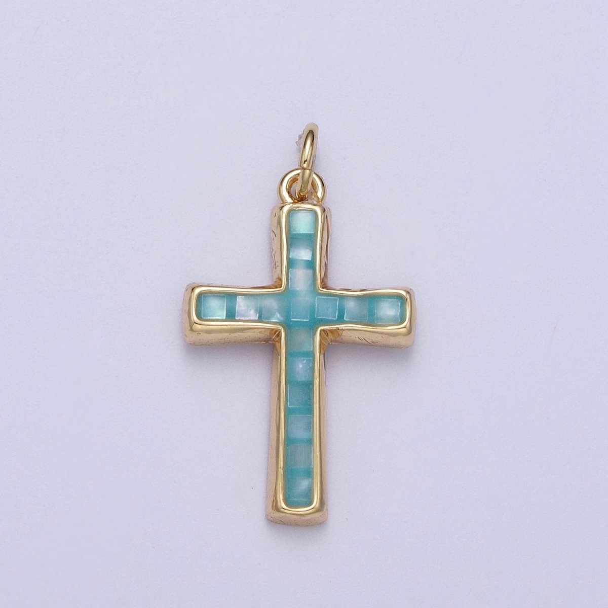 24K Gold Filled Religious Cross Black, White, Blue, Pink Shell Opal Charm | C-218 C-233 C-234 C-241