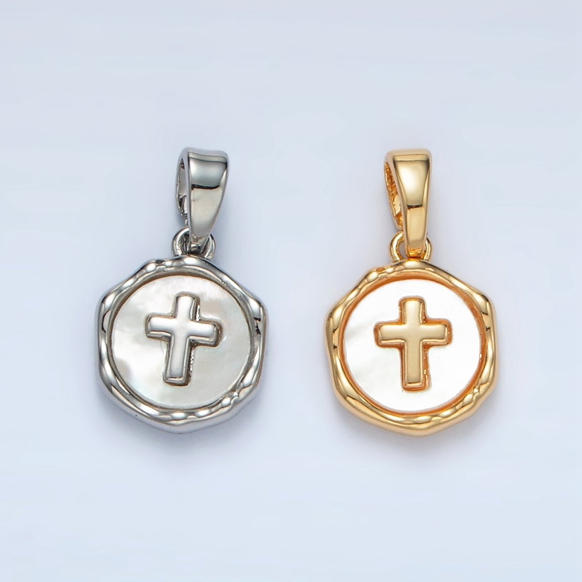 24K Gold Filled Religious Cross Shell Pearl Stamped Bezel Pendant in Gold & Silver | AA1521