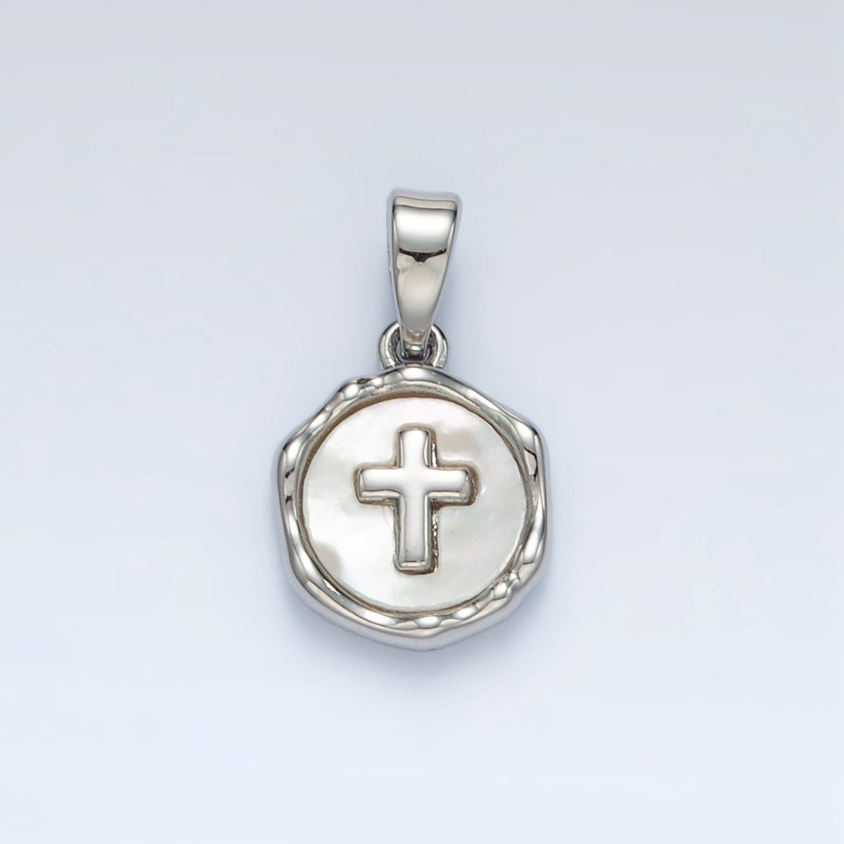 24K Gold Filled Religious Cross Shell Pearl Stamped Bezel Pendant in Gold & Silver | AA1521